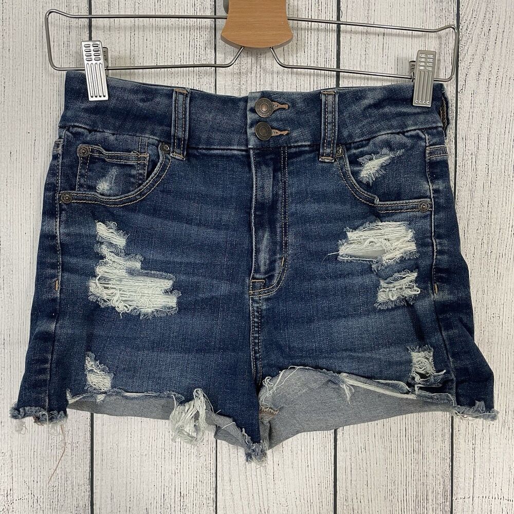 American Eagle Women's Size 4 Blue Curvy Hi-Rise Shortie Distressed Shorts